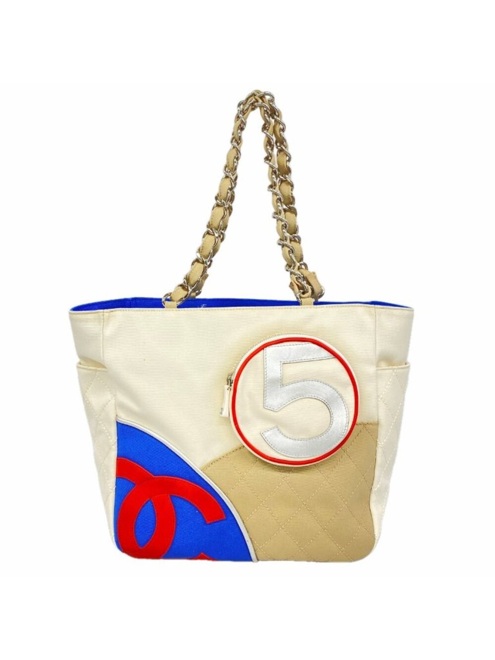 Chanel Chain Tote No. 5 Canvas White Multicolor Silver